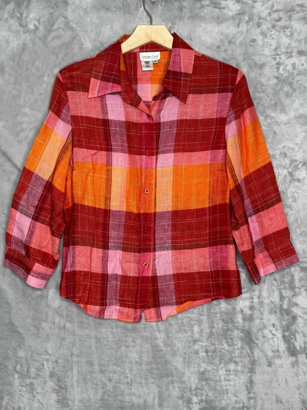 Coldwater Creek Top Womens Medium Pink Orange Plaid Linen Blend Button Down